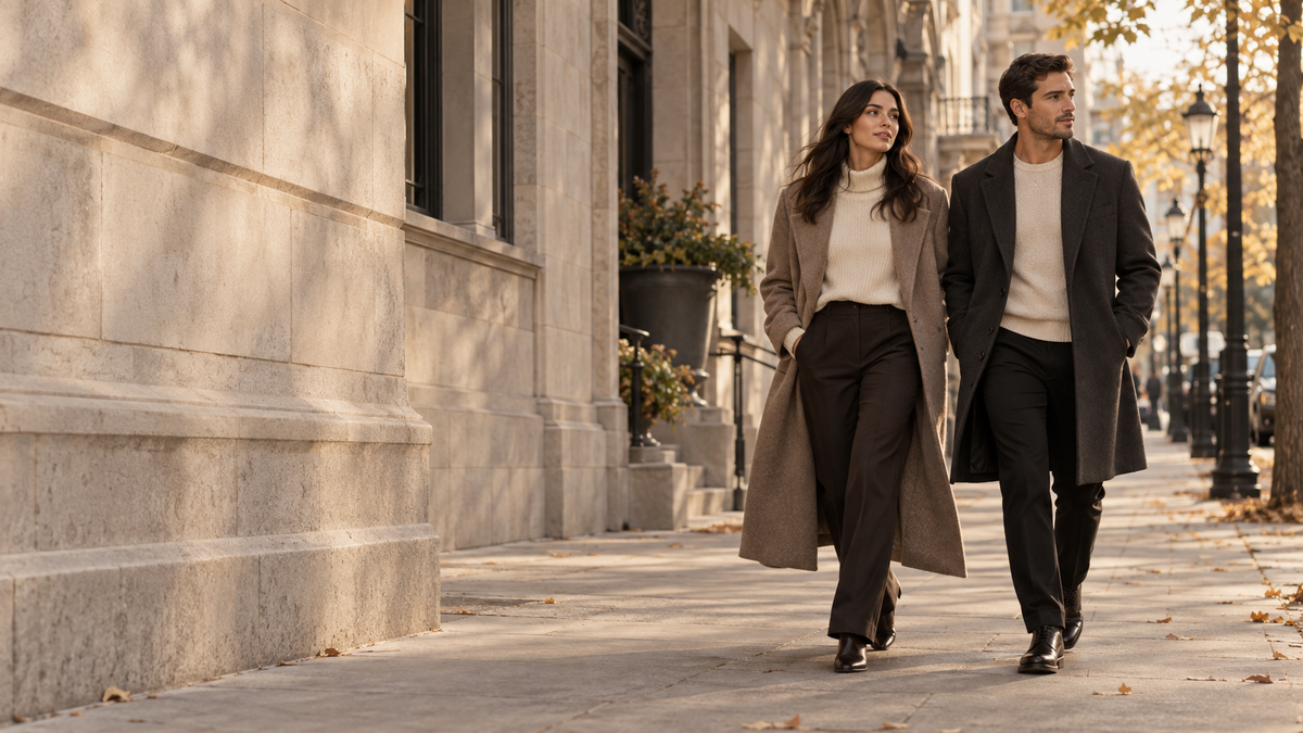 Two models wearing neutral autumn layers on a sunlit stone street.