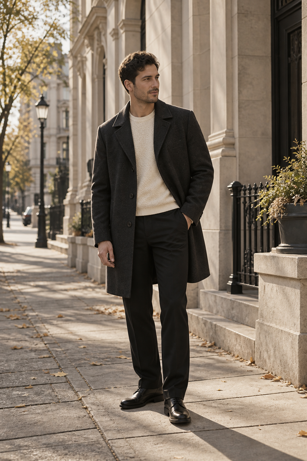 Editorial portrait of a man in a charcoal coat and cream knit.