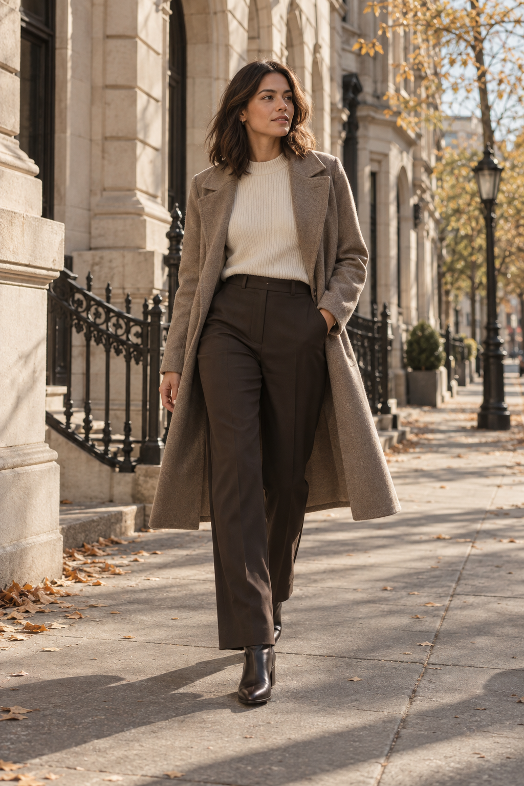 Editorial portrait of a woman in a taupe coat and ivory knit.